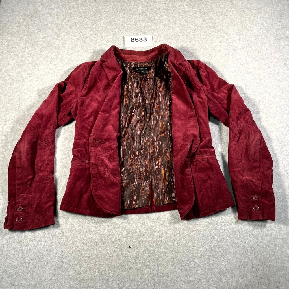 Calvin Klein Jeans Blazer Jacket Womens Small Burgundy Corduroy Notch Lapel